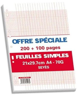 DE 3553231750185 Pages Copies, Simples, Grand, Format A4, Grands Carreaux Séyès, 70g, Perforées, Lot de 300