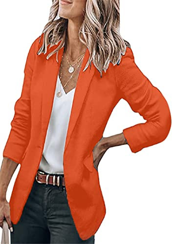 EFOFEI Damen Tailo Strickjacke Blazer Slim Fit Langarm Blazer Leichte Bürojacke Einfarbig Anzug Kragen Orange S