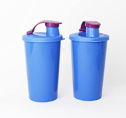 Tupperware Gobelet bleu/violet avec couvercle anti-fuite 2 x 330 ml + stylo à bille orange métallique