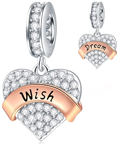 Wunsch Traum Charms Dangle fit Pandora Valentinstag Armband, Pave Funkelnd Klar CZ Herz Machen Sie einen Wish Dream Anhänger Perlen mit Rosegold Schleife Charms, Geschenke für Nichte/Neffe/Muttertag