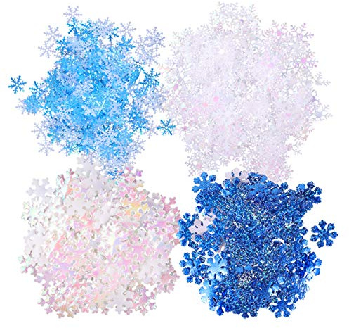 Sewroro Dekorative Schneeflockenstücke 700 Stück, 3 Größen, Weiß und Blau, Kunststoff, Weihnachten, Geburtstag, Konfetti