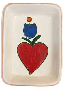 Seifenschale aus Keramik, handgefertigt und handbemalt mit rotem Herz und Tulpe