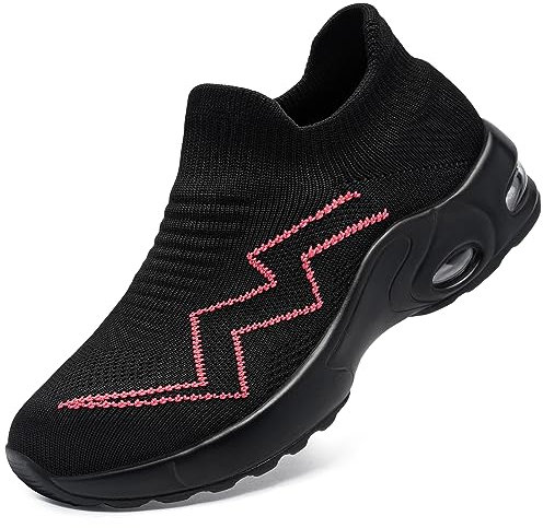 LARNMERN Lightweight Slip on Safety Shoes for Women Steel Toe Cap Work Trainers Breathable Non Slip Air Cushion Protective Shoes (Rose Black,6UK)