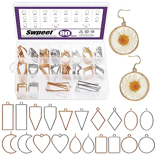Swpeet 80 Stück, 2 Farben, 10 Stile, offene Lünetten für Harz-Set, 10 Formen, Hohlrahmen-Anhänger, Kunstharz, Bastellünetten, Schmuckformen, Rahmenanhänger für Ohrringe, Halskette, Armband, DIY