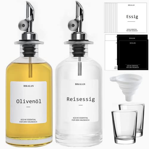 BIKALAN Essig und Ölflaschen Set, Kaffee Sirup Spender, Ölspender, Mundspülung Kaffeesirupspender Automatisches Öffnen und Schließen Olivenöl Flasche, mit 22 Aufkleber, 2 Bechern, Trichter