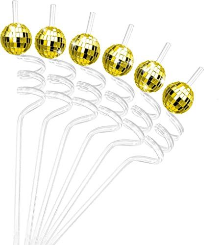 6 Pieces Mirror Disco Ball Straws 70s Disco Decorative Straws Mini Disco Straw Decor Disco Party Decorations for Dance Holiday Wedding Birthday Supplies (Gold/Silver)-Gold