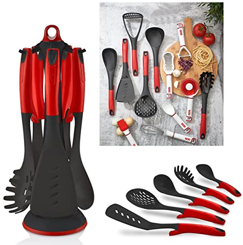 Piece BPA Candy Colours Utensils Set -Ultra Non Stick, Premium Rotating Stand, Turner, Spatula, Spoon, Ladle, Pasta, Space Saving Kitchen Tools (Crimson Red)