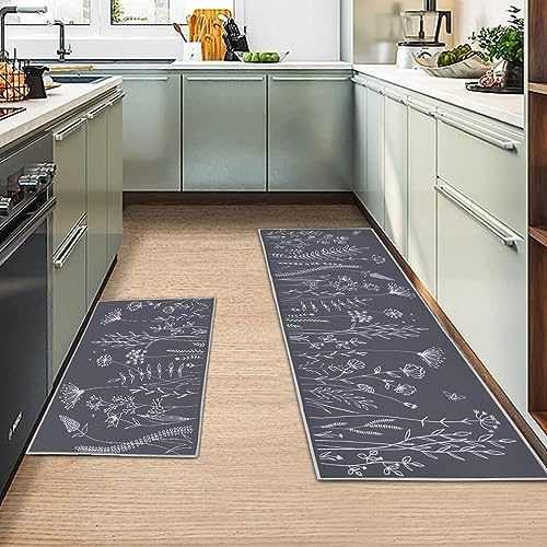 MIQEBX 2 Stück Küchenteppiche Rutschfestes Küchenmatten,küchenläufer waschbar rutschfest, küche Teppich Für Küche Wohnzimmer, Esszimmer, Badezimmer (Blume E, 43x150cm+43x75cm)