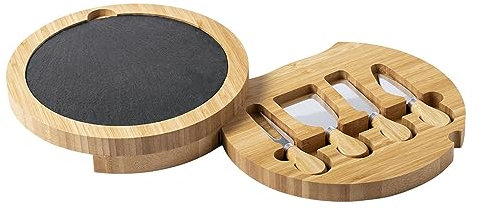 Tabla de Quesos y Embutidos de Bambú y Pizarra – Set con Cuchillos de Acero Inoxidable – Tabla Gourmet para Aperitivos, Charcutería y Regalos Elegantes