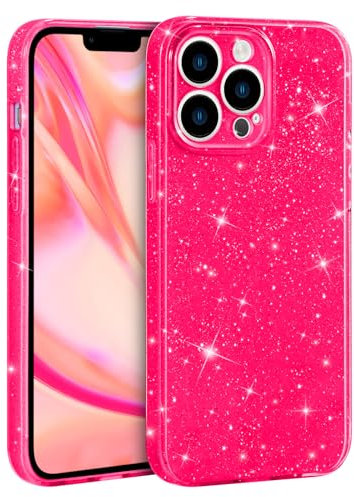 DiyGody Compatible for iPhone 13 Pro Max Glitter Hot Pink Case, Cute Sparkle Bling Design for Women Girls Thin Shockproof Soft Silicone Protective Phone Cover for iPhone 13 Pro Max 6.7