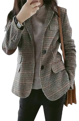Leyoutx Chaqueta de Lana a Cuadros con Solapa y Muescas para Mujer, Chaqueta Delgada de Manga Larga con Parche en el Codo, Caqui, Large