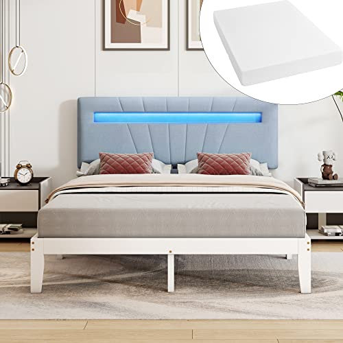 MYBOO Bettgestell 140x200cm, Doppelbett Holzbett mit Polster Kopfteil und LED in 7 Farben, Kinderbett, Jugendbett, Erwachsenenbett, Rahmen aus Kiefer, Weiß (Mit Matratze)
