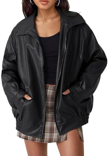 Onsoyours Veste En Cuir Femme Y2K Vintage À Manches Longues Pu Veste Moto Bomber Blousons Fermeture Éclair Blazer Jacket Chaud DéContractéE Biker Manteau Oversize Printemps Automne B Schwarz L