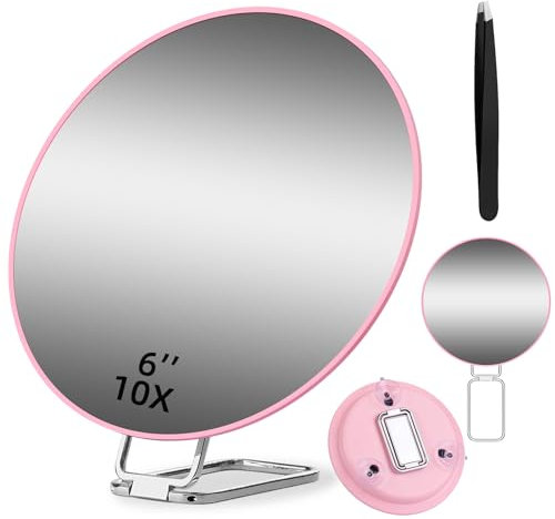 JADAZROR Miroir grossissant 10X avec 3 ventouses et Support réglable à 360°, Miroir de Maquillage de 15 cm avec grossissement 10X, Miroir loupe de Voyage Compact à Main avec Pince à épiler