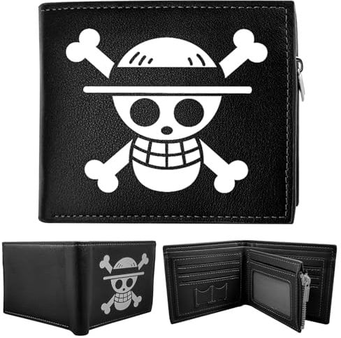 Bocguy Portefeuille Homme, Porte Monnaie Homme, One Piece Anime Portefeuille Porte, Cuir Brown Bifold Multi Card Holder Purse Straw Hat Luffy pour Les Fans de Cartoon Garçons Filles