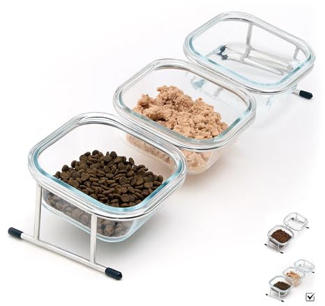 Hannadepot Elevated Cat Bowls, 15° Tilted Glass Raised Cat Food Bowl with Stainless Steel Stand, 3 Glass Cat Bowls and 4 Anti Slip Feet, Suitable for Cats and Little Dogs