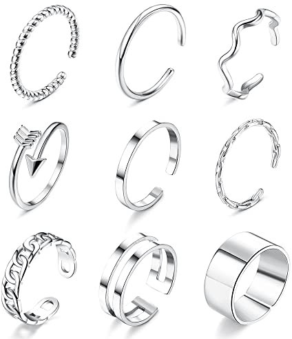 JeweBella 9 Stücke Ringe Set für Damen Mädchen Edelstahl Offene Ring Silber Boho Knöchel Finger Stapelbare Ring
