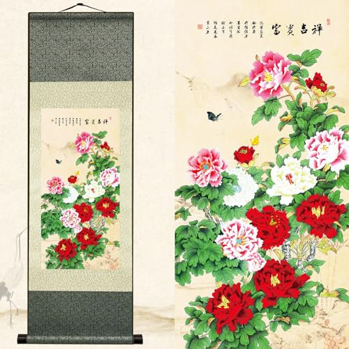 Newscz Familien-Wandkunst für Schlafzimmer-Dekorationen, Wandbilder, Seidenschnörkelmalerei, wunderschönes Pfingstrosen-Poster, Flur-Dekor, asiatische Raumdekoration, Wandteppich, hängende