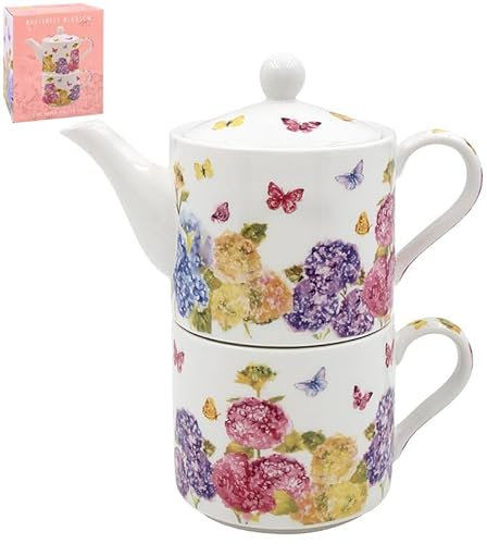 LESSER & PAVEY Ceramic Tea for One Single Serve Tea Set Butterfly Blossom Floral Pink Design