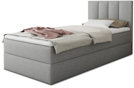 Boxspringbett Star Mini mit Bettkasten, Bonell-Matratze und Topper - Einzelbett mit Matratzentopper, Polsterbett, Bett, Schlafzimmer, Jugendzimmer (Grau (Inari 91), 100 x 200 cm)
