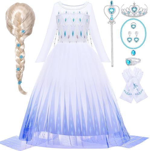 Toyssa Elsa Kostüm Mädchen, Eiskönigin Prinzessin Kleid Mädchen mit Perücke Krone Zauberstab Handschuhe, Elsa Kleider für Mädchen 3 4 5 6 7 8 Jahre Halloween Karneval Weihnachten Geburtstag Cosplay