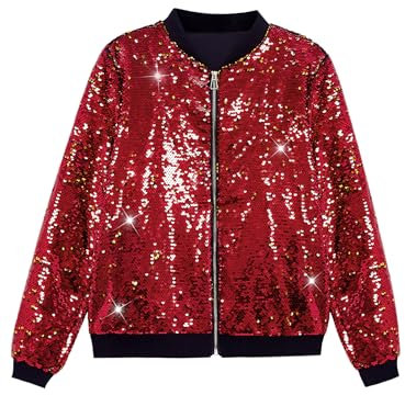 Lars Amadeus Glänzende Pailletten-Bomberjacke für Herren, Reißverschluss, Party, Disco, Metallic, Varsity-Jacken, Rot/Ausflug, einfarbig (Getaway Solids), L