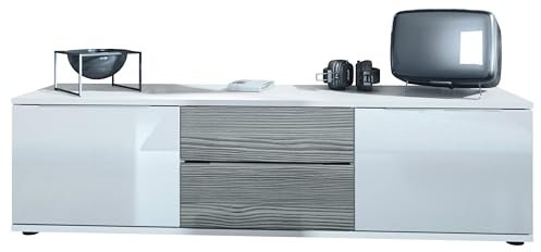 Vladon TV Lowboard Linio V1, Fernsehtisch mit 2 Türen und 2 Schubladen – Weiß/Avola-Anthrazit (138,5 x 37,5 x 35 cm)