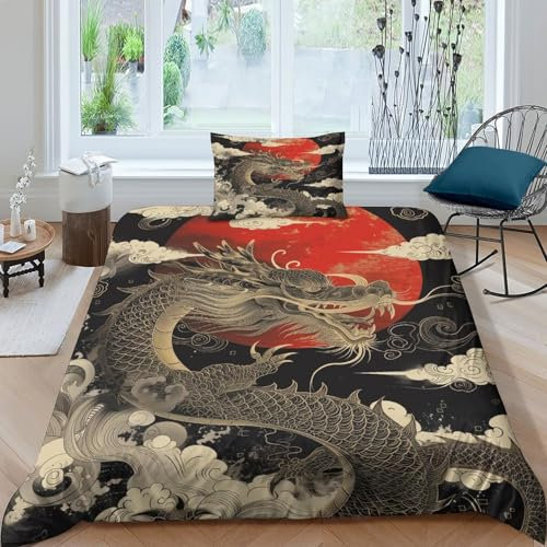 OPANZYYDE Dragon Bettbezug Bettwäsche-Sets Kinderbettwäsche-Set Reißverschluss Mit Kissenbezügen Betten Set Für Jugendliche Kinder Schlafzimmer Single（135x200cm）