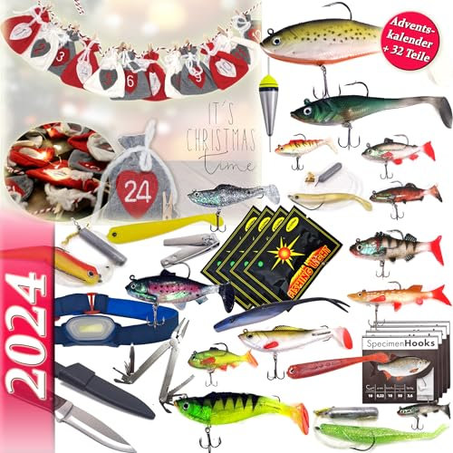 Angel Adventskalender mit 24 Säckchen + Überraschungen | Weihnachtskalender - Angler Köder Haken Set für Fischer Erwachsene Teenager Jungen - 2025 Weihnachten Überraschung Geschenk Männer