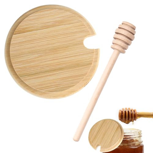 Honey Drizzler and Lid Set, Wooden Honey Dipper and Pot Cover Beechwood Drizzler with Multi-Functional Bamboo Lid for Jar Tea Coffee Baking Easy Honey Dispensing Storage (Fit 3-3.5 in Jar Mouth)