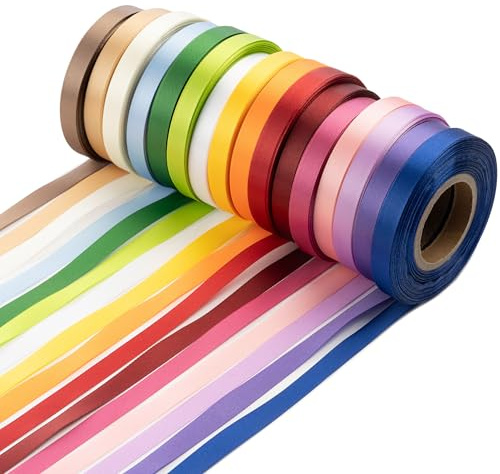 WIESEN.design Geschenkband 16 Farben (23 m x 10 mm per Rolle) - farbecht, wasserbeständig, resistent gegen Ausfransen - Satinband, Schleifenband, Ribbon Band, Stoffband, Bänder zum Basteln, Seidenband