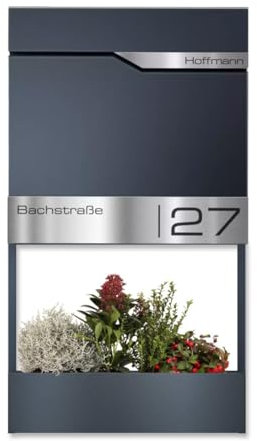 Metzler Briefkasten Anthrazit RAL 7016 mit Blumenkasten, Zeitungsfach und Hausnummer – Wandbriefkasten personalisiert Laser Gravur – Postkasten mit Namensschild wasserdicht & rostfrei | Siebert Frame