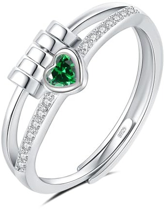 HEEYA Anxiety Ring für Damen Silber 925 Herzring mit Zirkonia Angst Ringe Offen Verstellbar Anti Stress Ring mit Perlen Spinner Fidget Ringe Frauen Hypoallergen Stimmungsring gegen Stress Unisex-Grün