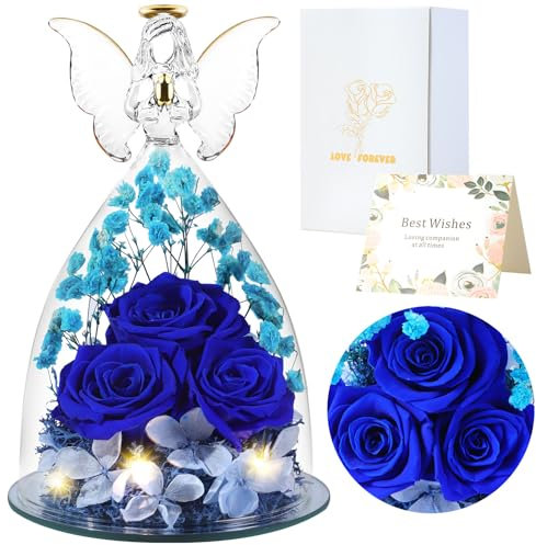 FRFG Regali di Angelo Rosa Eterna per Donne, Regalo per Donne, Rose Conservate in Statuette di Angeli in Vetro, Angeli Floreali per Mamma, Nonna, Moglie, Sorella, Fidanzata (Blu)