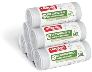 alfapac professionnel - Carton de 500 sacs-poubelle compostables - 50L | 25 rouleaux de 20 sacs - Fermeture à 2 noeuds - Pour déchets organiques