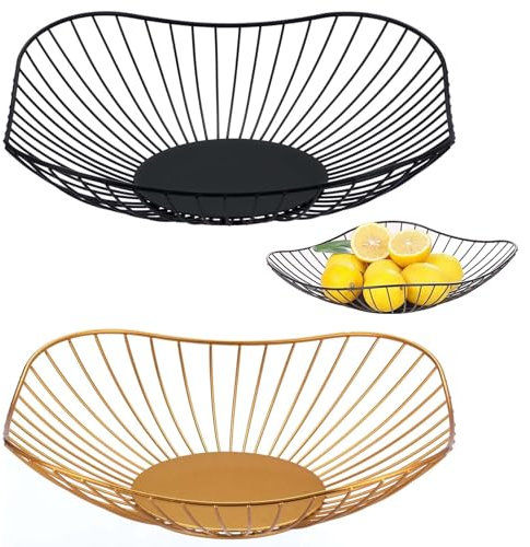 FZYCOM 2 Stück Obstschalen, Obstschale Modern, Obstkorb Metall, Fruit Bowl Basket, Obstschüssel, Obst Schale, Obstteller für Obst, Gemüse, Kleinigkeiten, Dekoration (Schwarz und Gold)