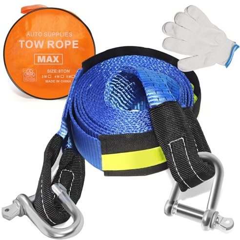 5m Tow Rope,Heavy Duty Tow Strap With Reflective Strips, Car Essential Towing Strap With 2 U-Shaped Carbon Steel Hook,Portable Tow Bar For Cars,Vans, Boat,Camper,Max 8 Tonnes Load Capacity