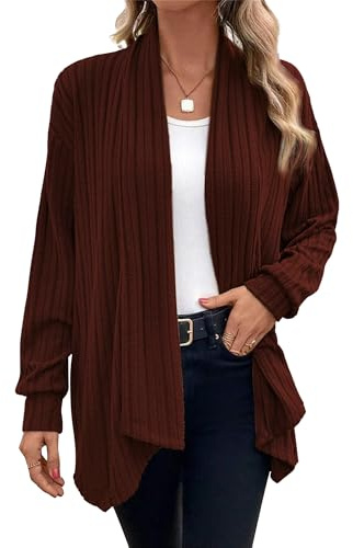 Chicrise Cardigan Donna Elegante Leggero Spolverino Manica Lunga Costine Maglioncino Orlo Volante caffè X-Grande 46-48 XL