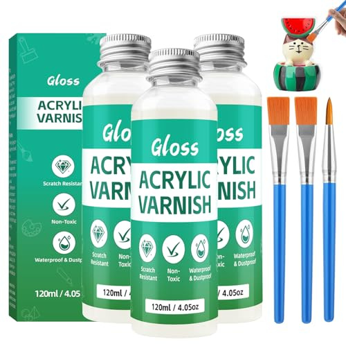 360ml Vernis Argile Autodurcissante, Vernis Peinture Acrylique Résistant Aux Rayures, Compatible avec Peinture Acrylique, Poterie, Céramique, Bois et Plâtre, Avec 3 Pinceaux