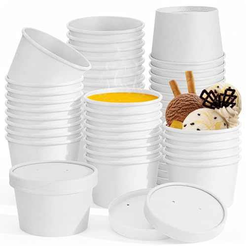 100 Stück Papier Suppenbecher Set, Pappbecher To Go mit Deckel, 240 ml Weiß | Suppenschüssel to go für Suppe, Salat, Eis, Nachtisch und Vorspeisen – für Catering, Imbiss und Take-away