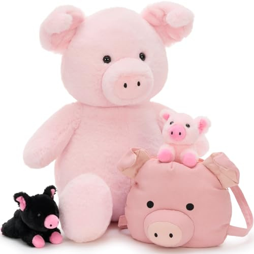 MorisMos XXL Grand Cochon en Peluche, 53cm Rose Cochon avec 2 Kawaii Bébés 1 Sac, Réalistes Animaux en Peluche Géants Douce Cadeau pour Enfants Noël Anniversaire Deco