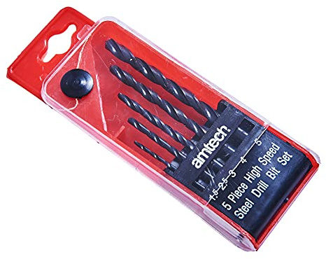 Amtech - 5pc HSS Drill Bit Set, corrosion-resistant finish, clean drilling in metal, wood & plastic, compact storage case, sizes 1.5/2.5/3/4/5mm