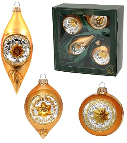Dekohelden24 Lauschaer Christbaumschmuck - 3er Set Reflexkugeln Gold mit Glitter, 9 cm, mit goldenem Krönchen + 50 Schnellaufhänger in Gold GRATIS zu Ihrer Bestellung dazu !