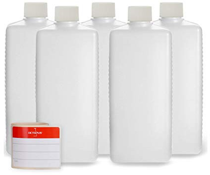 Octopus 5 Botellas de plástico 500 ml, Botellas de plástico de HDPE con Blanco Tapones de Rosca, Botellas vacías con Tapas de Blanco Rosca, Botellas rectangulares con 5 Etiquetas para marcar