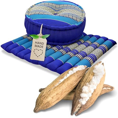 livasia Meditationsset L - Ø 38x15cm / Matte 50x50x4,5cm - Yogaset mit Kissen und Matte, Pouf, Yogamatte und Yogakissen mit Kapok handgefertigt, Bodenkissen Outdoor, Zafukissen (Blau)