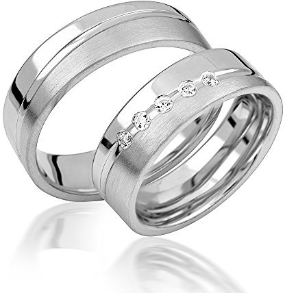 JC Trauringe 925er Sterling Silber Paar-Preis I Ehe-Ringe mit kostenloser Gravur I Verlobungsringe 6 mm breit mit Etui-Box I Herren-Ring ohne & Damen-Ring mit 5 Zirkonia-Steinen I Gr. 48 bis 72 I S071