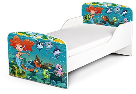 Leomark Funktionsbett aus Holz - My Mermaid - Kinderbett mit Matratze, Holzbett mit Seitenschutz Lattenrost, Komplett Set für Kinderzimmer, Liegefläche 70/140 cm, UV-Druck