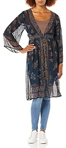 Angie Women's Sheer Printed Duster Kimono Cardigan Sweater, Navy, Medium