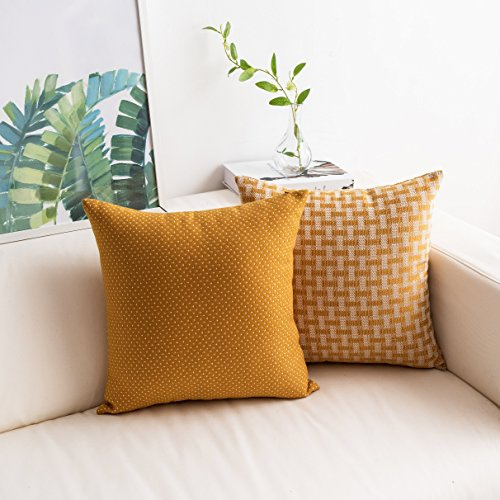 Home Brilliant Gelb Kissenbezug 45x45 cm, Sofakissen Gepunktet und Kariert Kunstleinen Couchkissen Mustard Kissenbezüge für Wohnzimmer Schlafzimmer, 45 x 45cm, Weiß/Senf