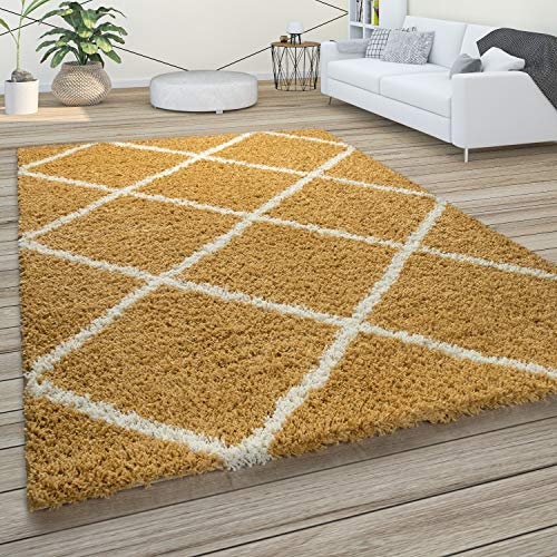 Paco Home Hochflor Teppich Wohnzimmer Schlafzimmer Shaggy Skandinavisch Rautenmuster, Grösse:300x400 cm, Farbe:Gelb